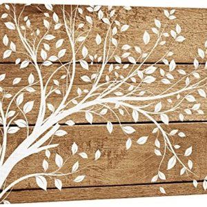 Canvas Print Wall Art White Tree & Leaf Imprint on Wood Panels
